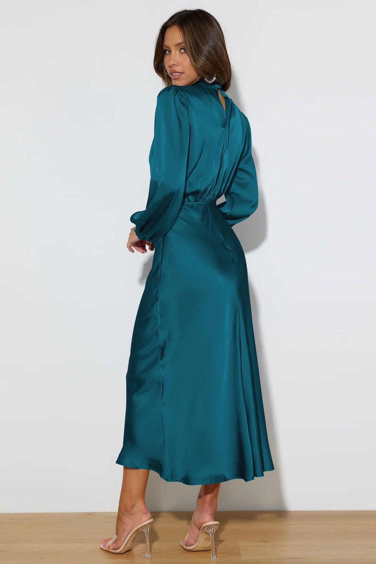Satin High Neck Long Sleeve Midi Dress