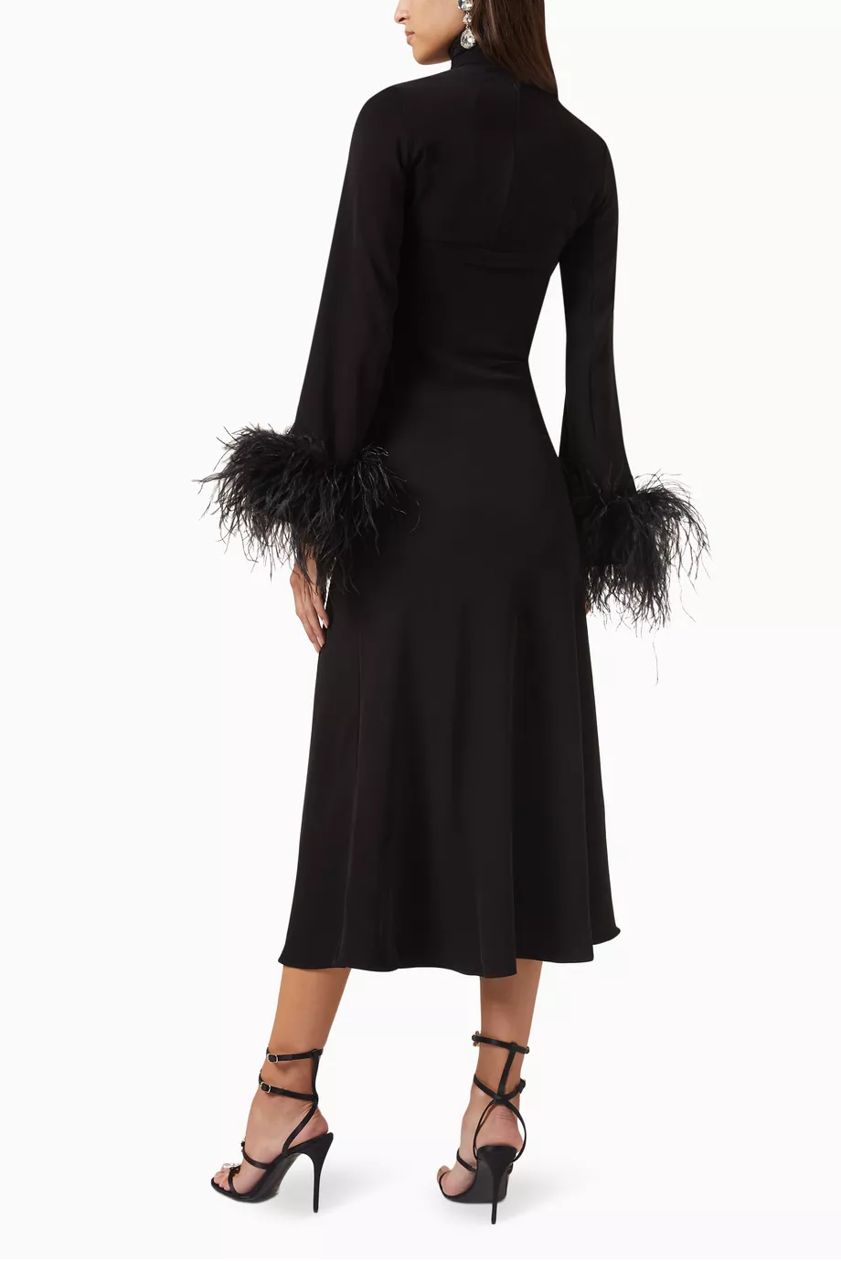 Feather Solid High Neck Midi Dress Black