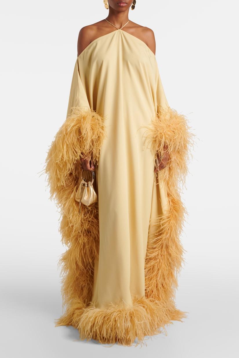 Feather Halter Neck Tie-Up Maxi Dress