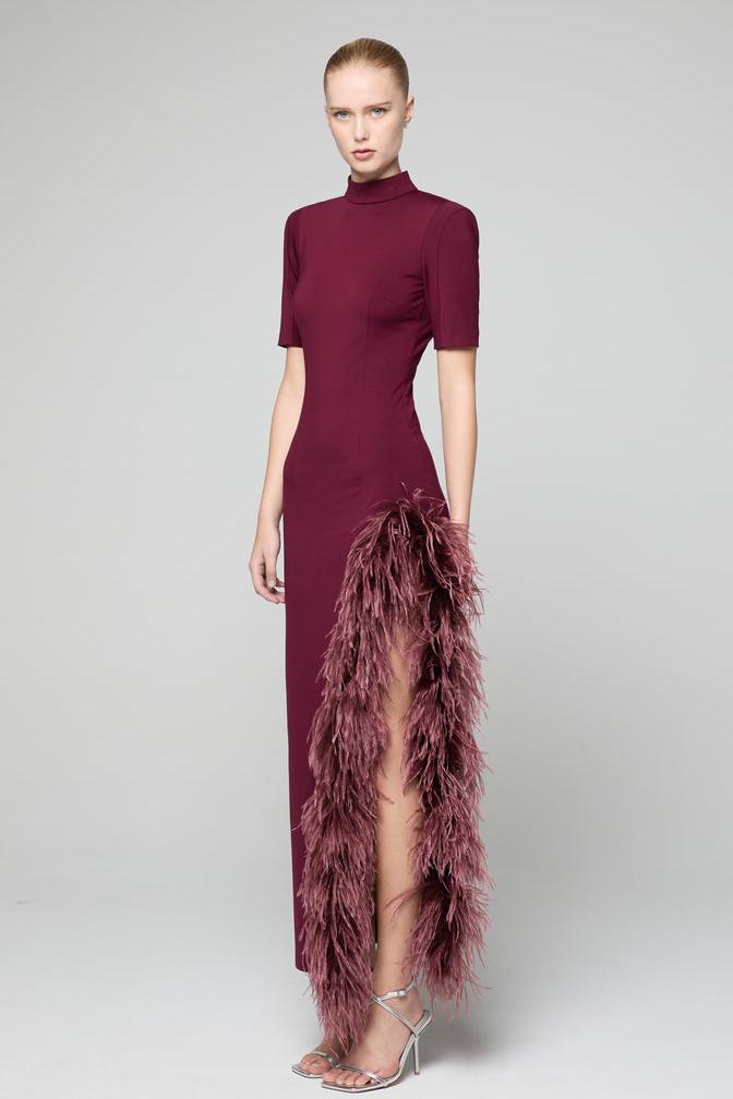 Feather Stand Collar Slit Midi Dress