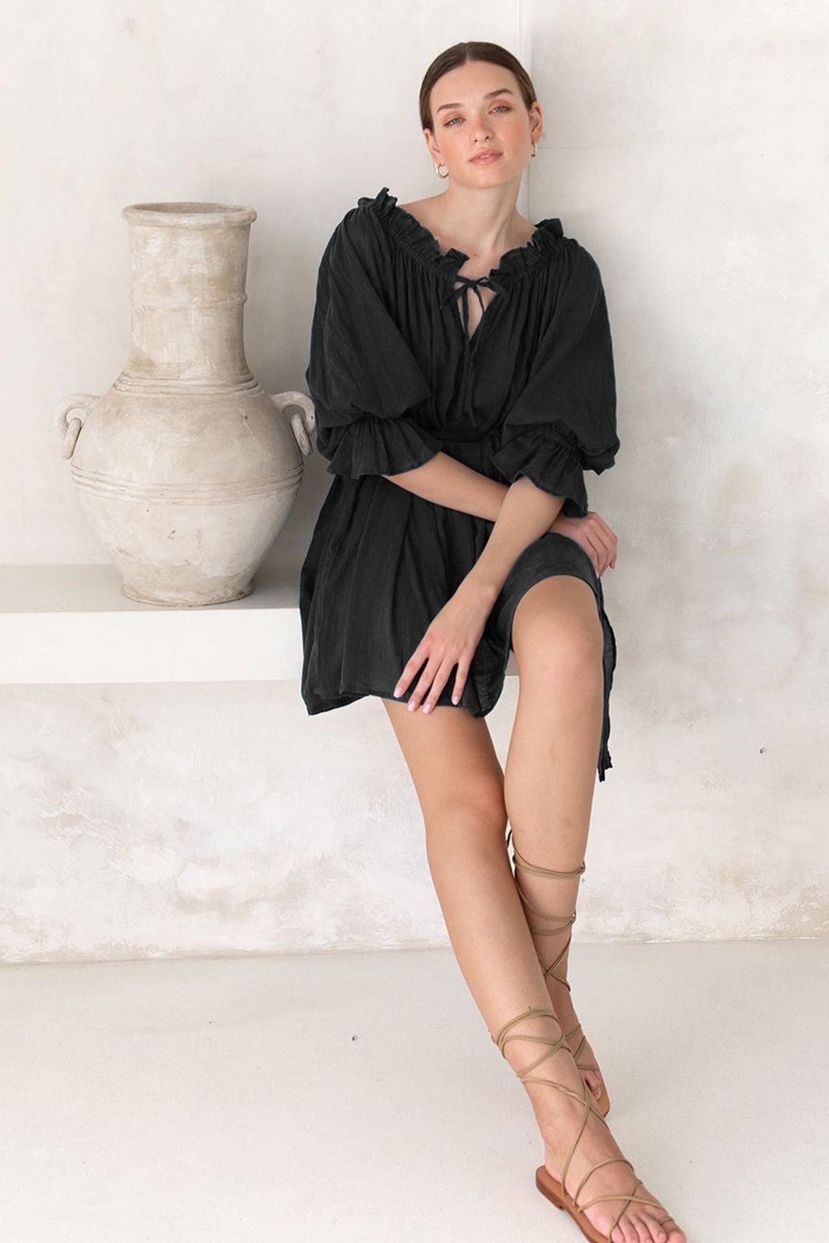 Off-Shoulder Lace Up Puff Sleeve Ruched Mini Dress