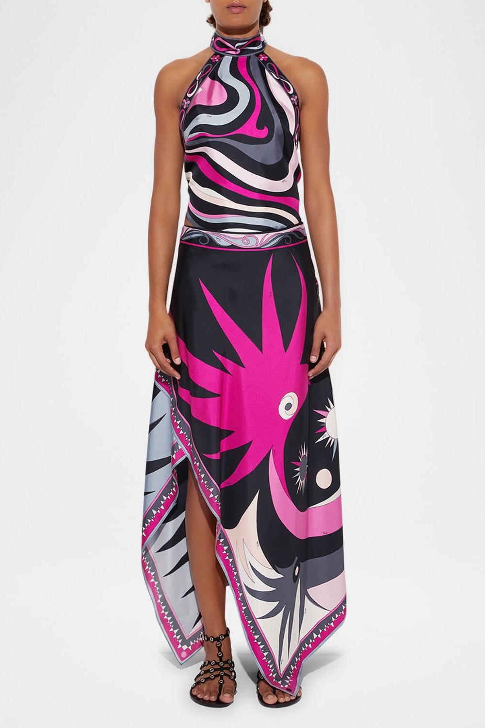 Satin Halter Neck Mini Top & Abstract Print Mid Waist Midi Skirt Set
