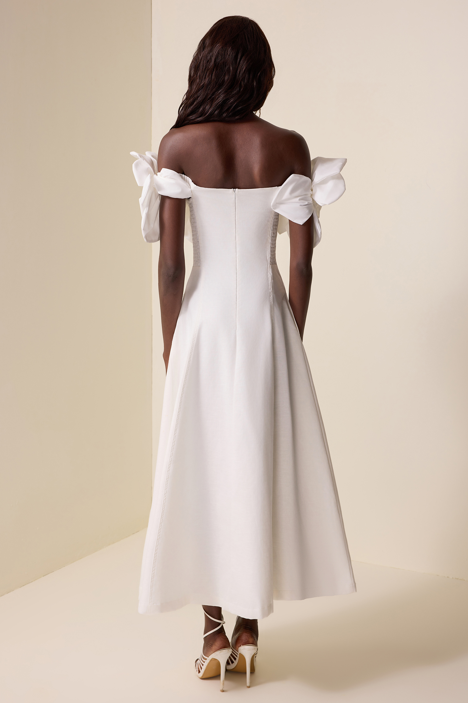 3D Flower Solid Off-Shoulder Midi Dress