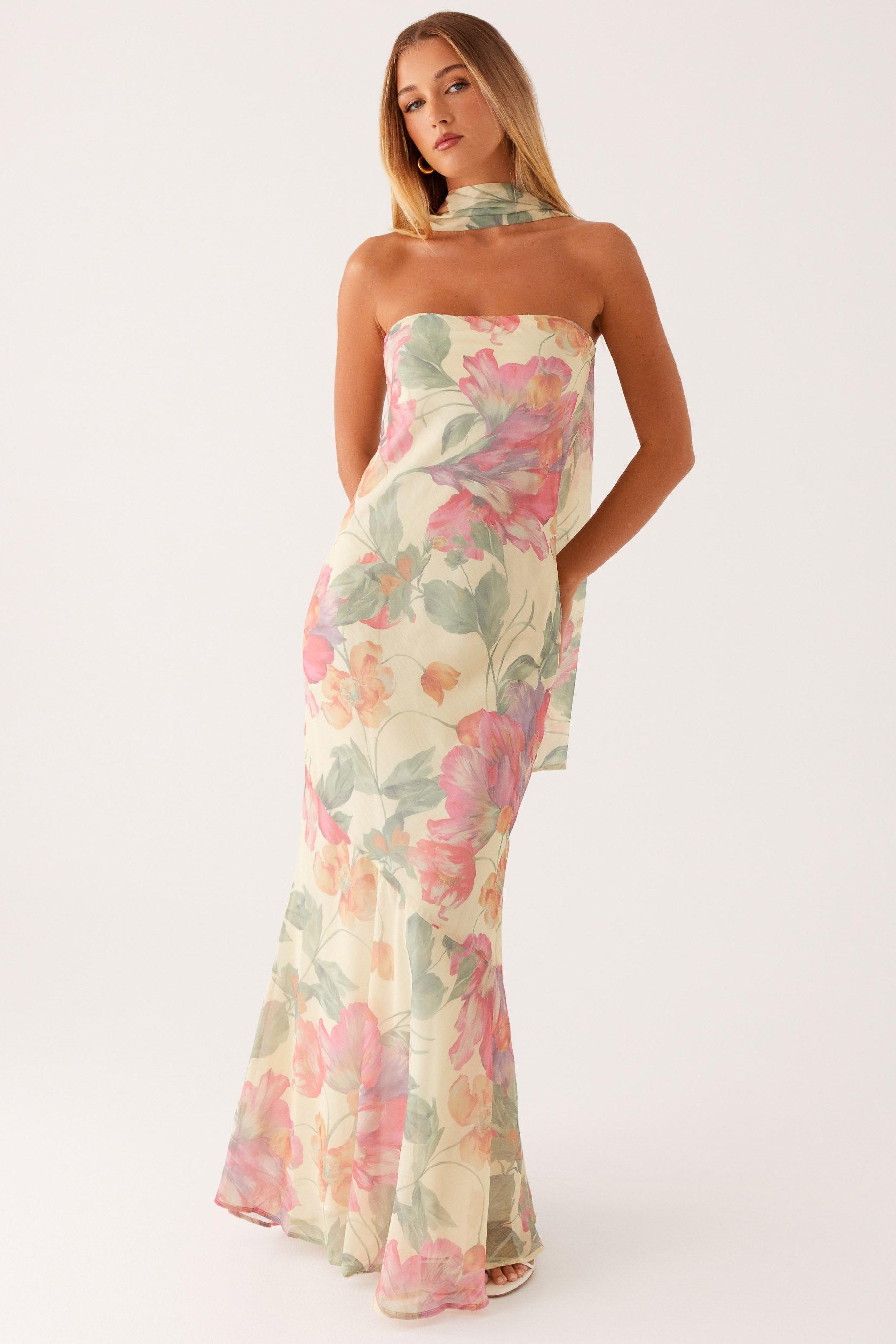 Floral Chiffon Strapless Maxi Dress