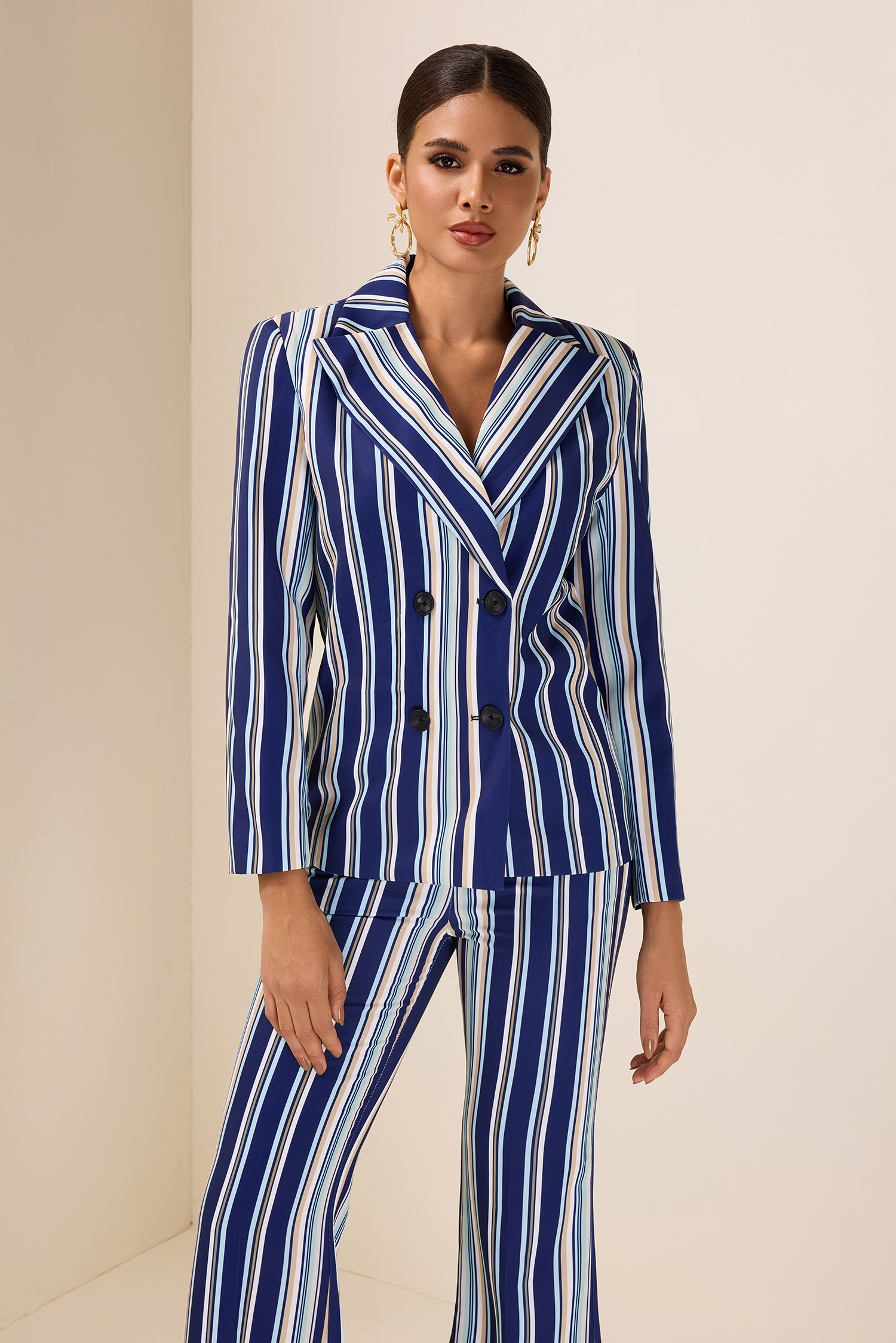 Stripe Button Blazer & High Waist Pocket Pants Set