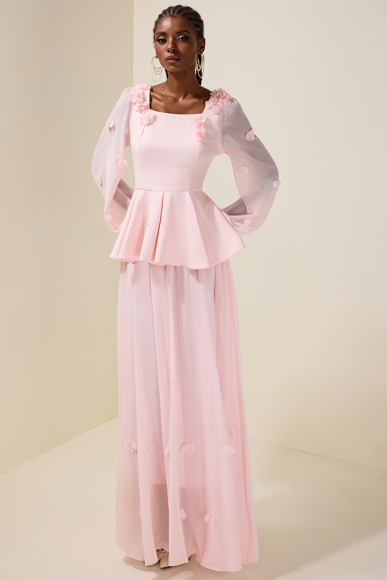 3D Flower Ruffle Top & Chiffon High Waist Midi Skirt Set