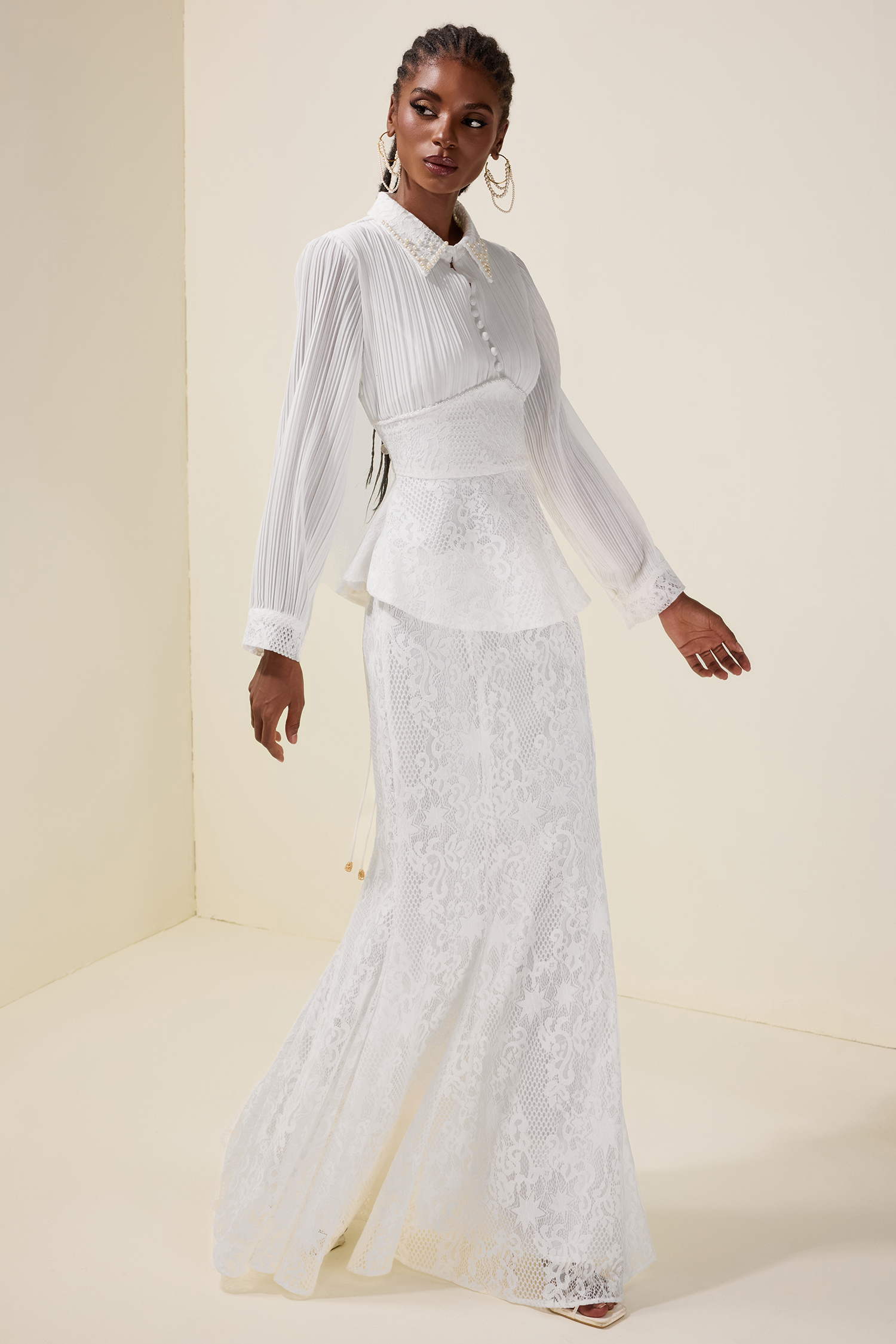 Faux Pearl Pleated Top & Lace High Waist Maxi Skirt Set