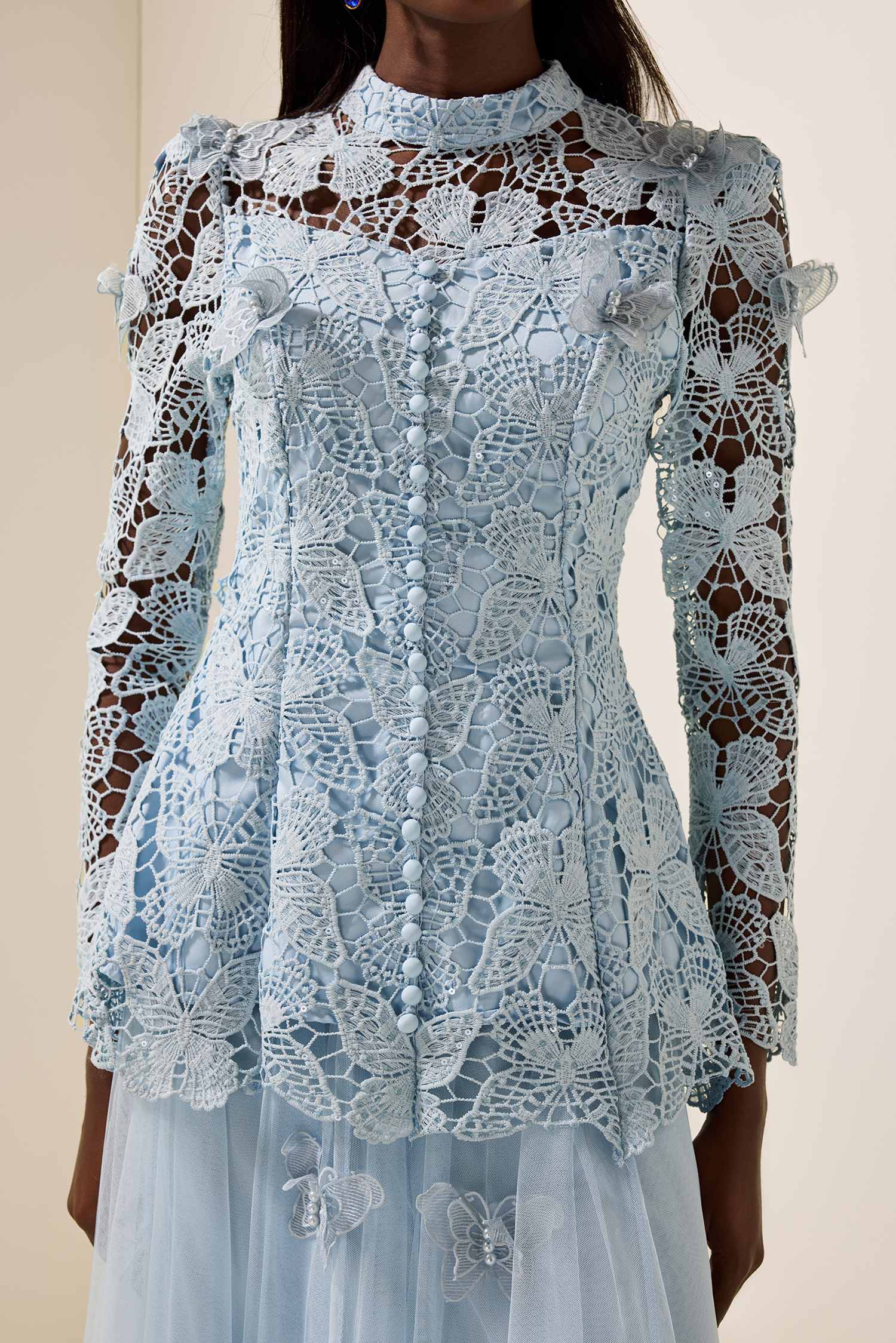 Embroidery Solid Top & Mesh Midi Skirt Set