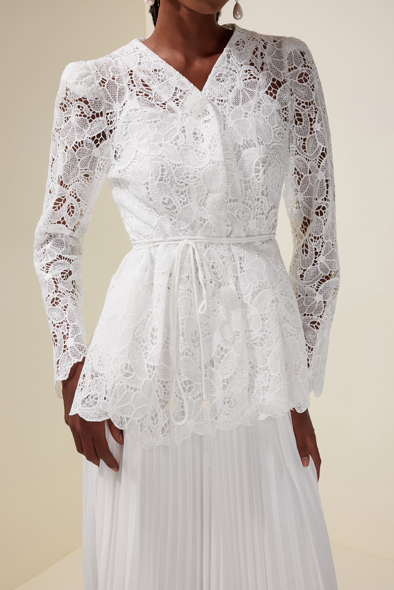 Lace Rhinestone Top With Belt & High Waist Pleated Maxi Skirt Set