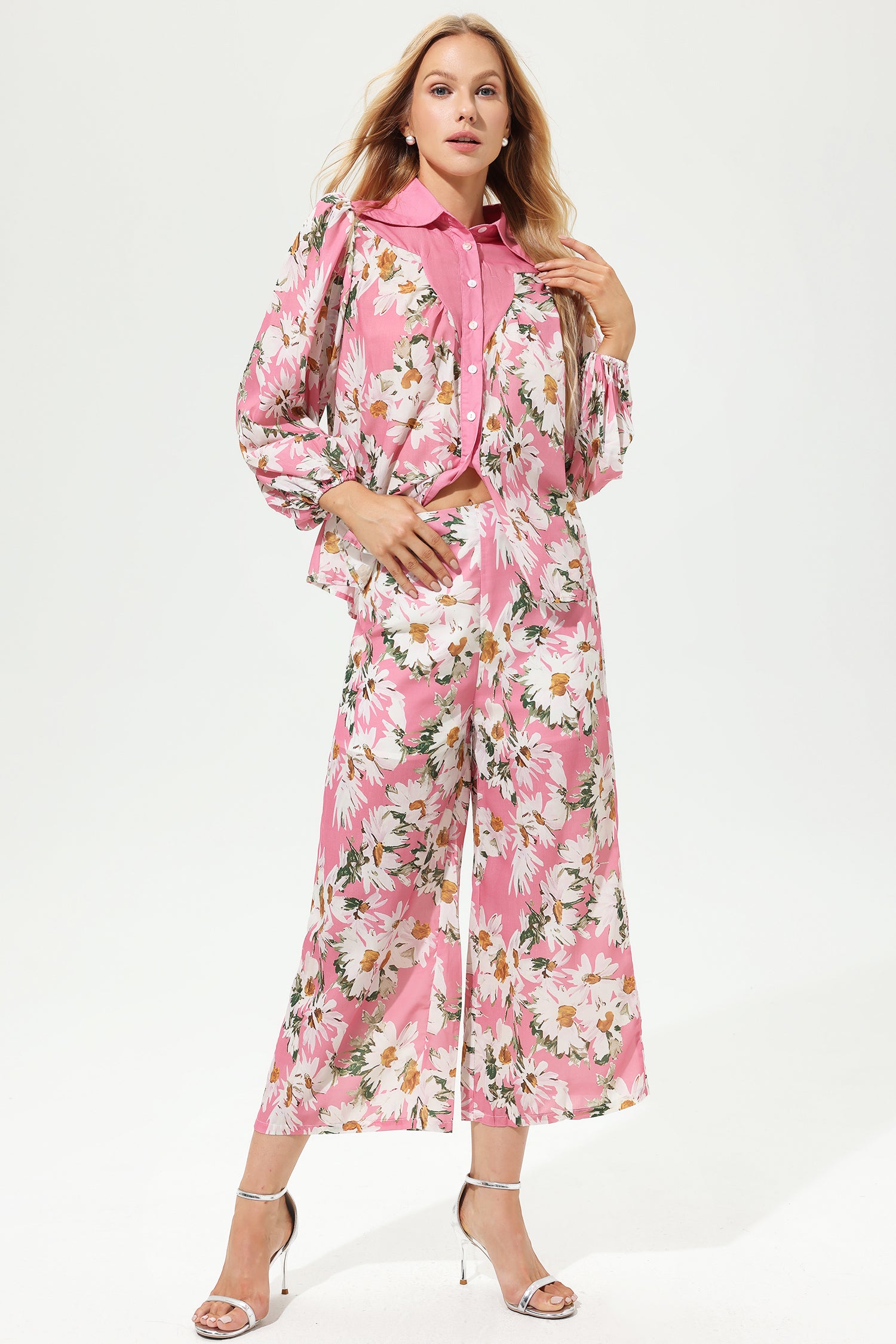 Floral Puff Sleeve Lapel Shirt & Long Wide Leg Pants Set