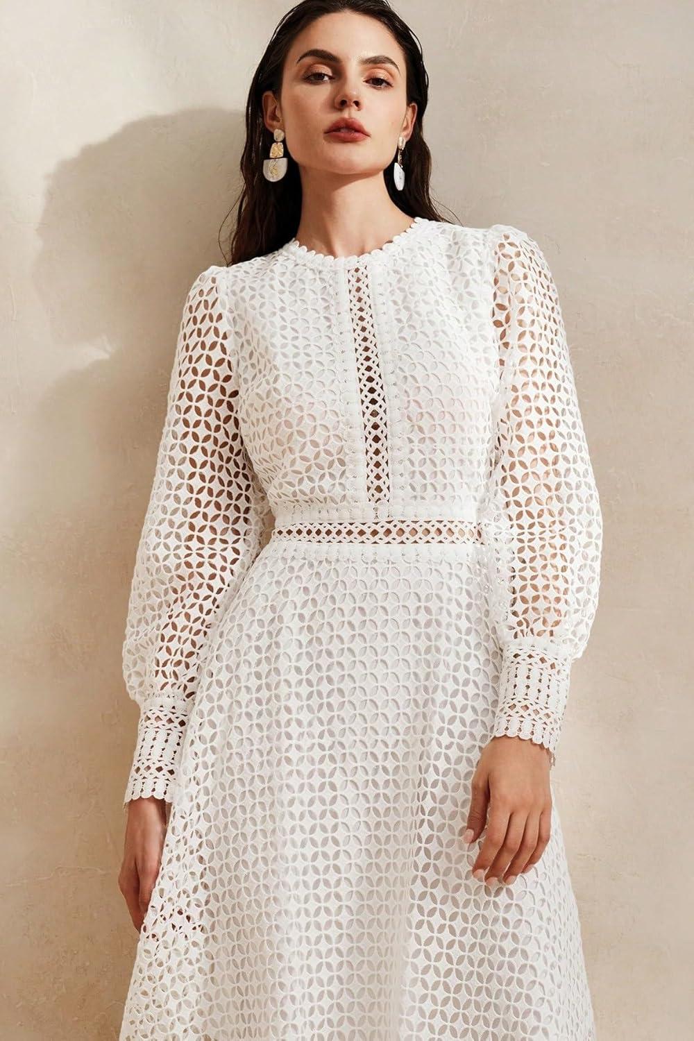 Solid Lace Lantern Sleeve Midi Dress