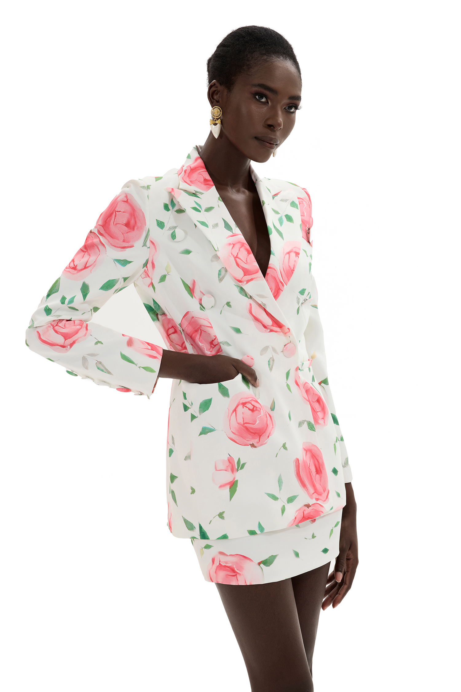 Floral Double Breasted Blazer & High Waist Mini Skirt Set