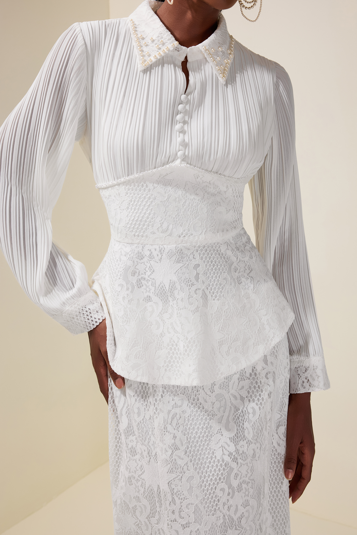 Faux Pearl Pleated Top & Lace High Waist Maxi Skirt Set