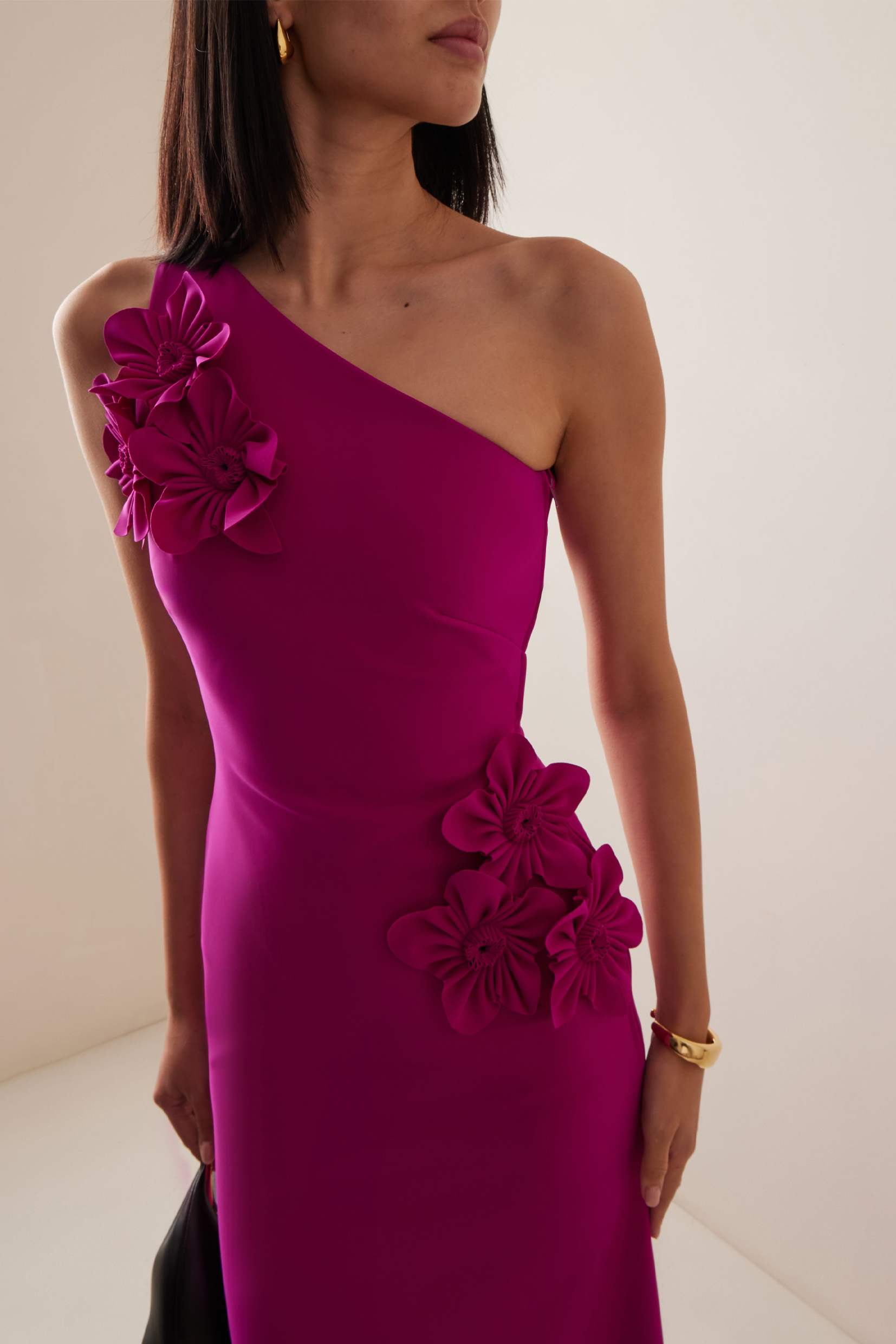 Solid 3D Flower Skew Collar Maxi Dress