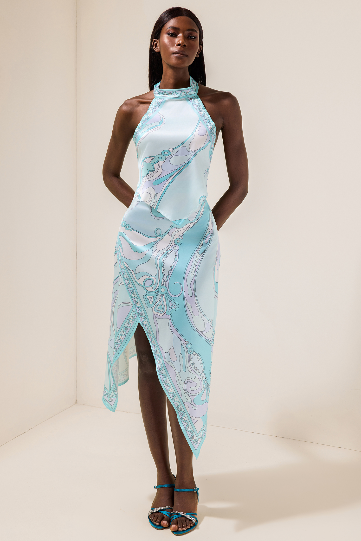 Satin Halter Neck Mini Top & Scarf Print Mid Waist Midi Skirt Set