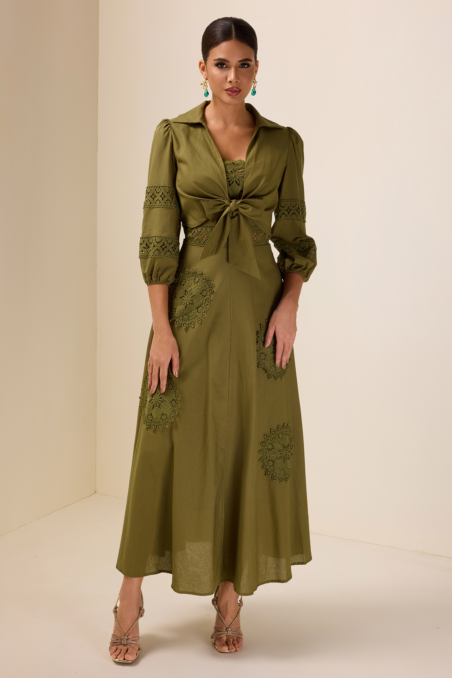 Lace Shirt Collar Lace Up Mini Top & Slip Midi Dress Set