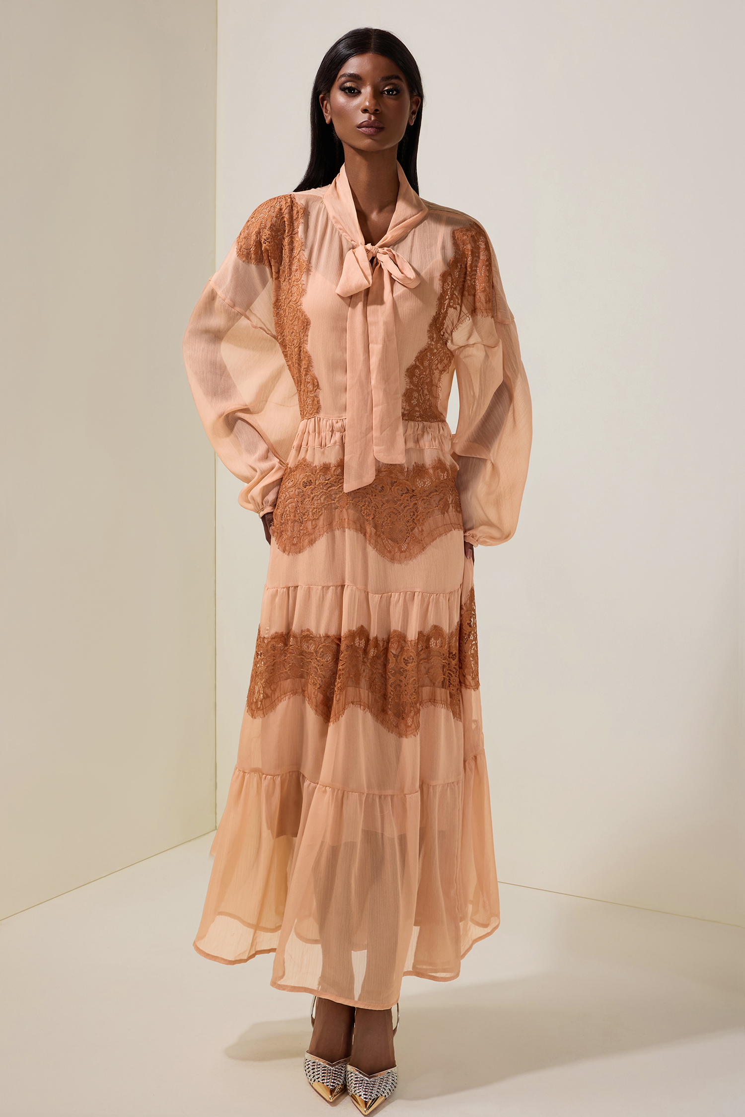 Chiffon Splicing Lace Tie-Up Long Sleeve Midi Dress