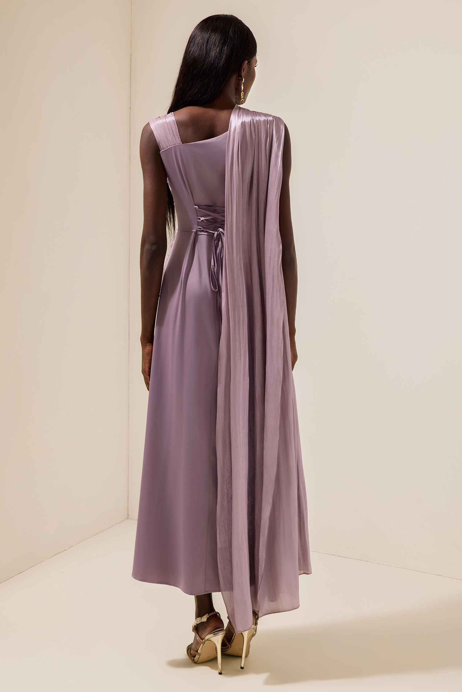 Satin Gathering Cape Sleeve Midi Dress