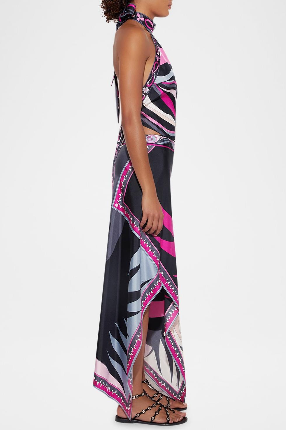 Satin Halter Neck Mini Top & Abstract Print Mid Waist Midi Skirt Set