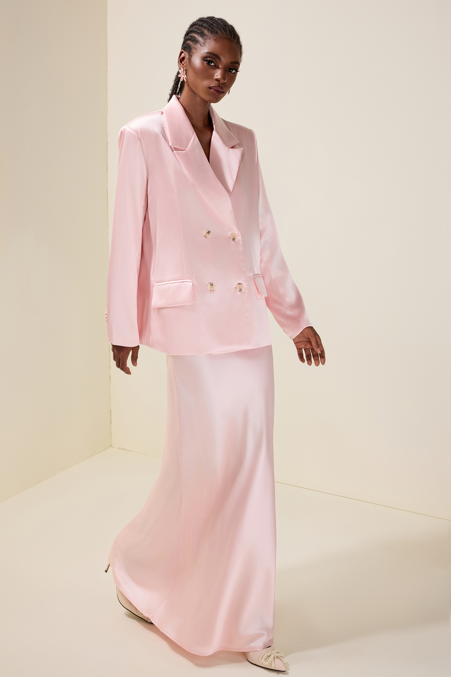 Solid Tailored Collar Blazer & High Waist Maxi Skirt Set