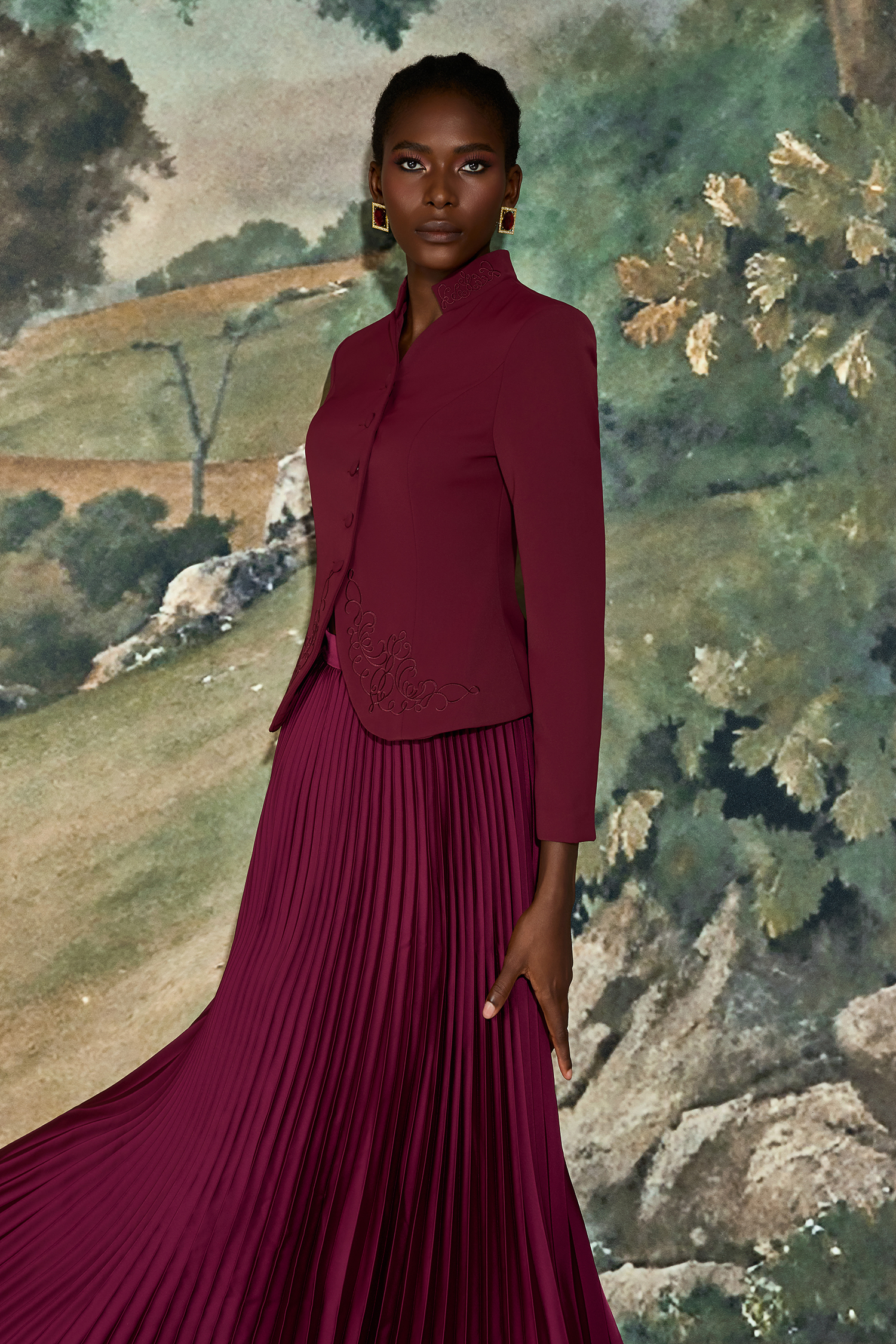 Embroidered Stand Collar Top & High Waist Pleated Maxi Skirt Set