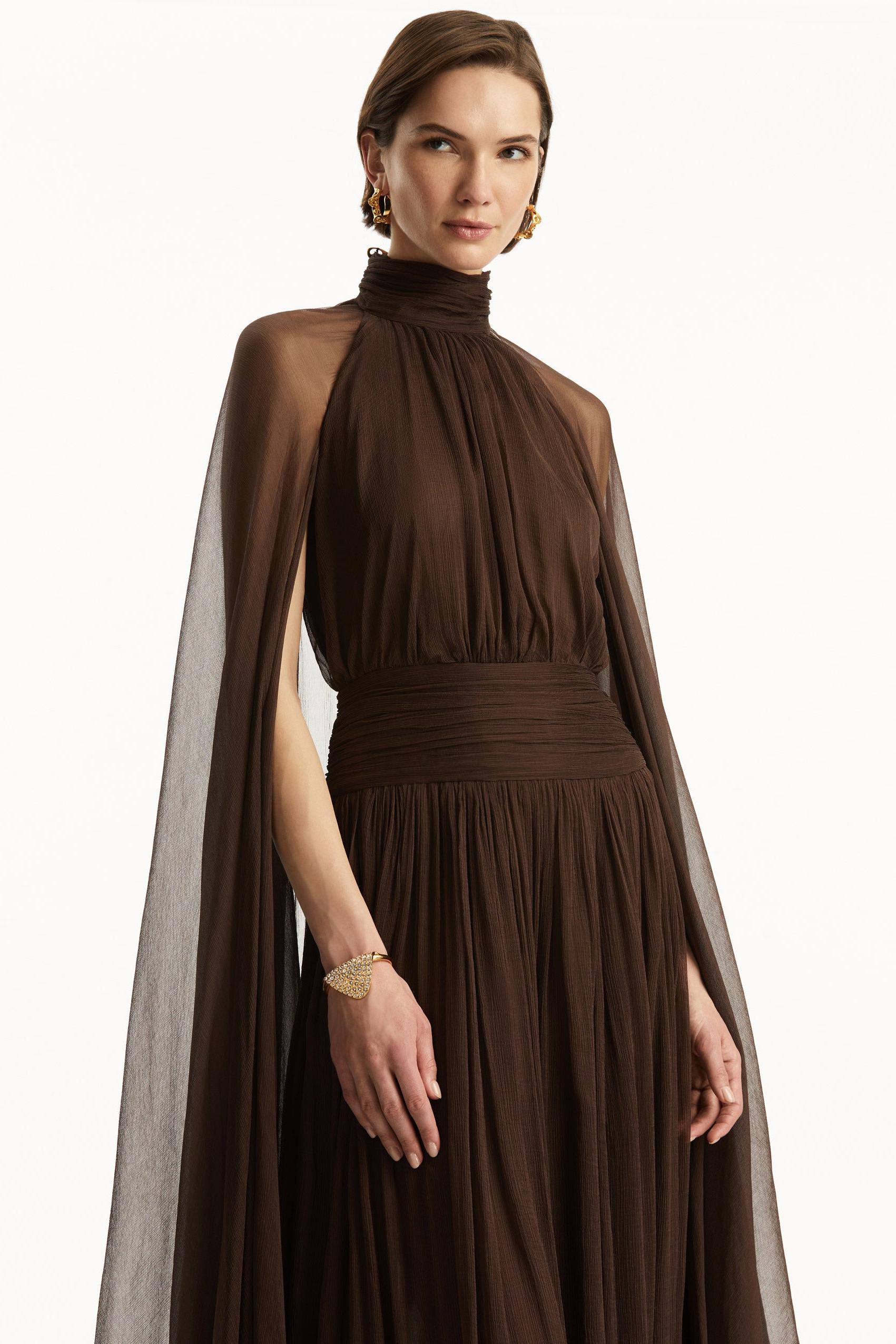 Chiffon High Neck Cape Sleeve Maxi Dress