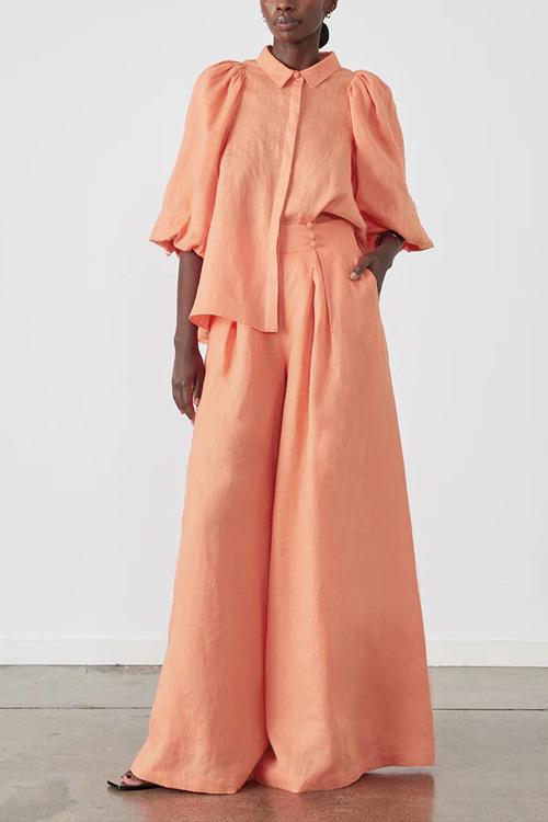 Solid Puff Sleeve Top & Mid Waist Loose Pants Set