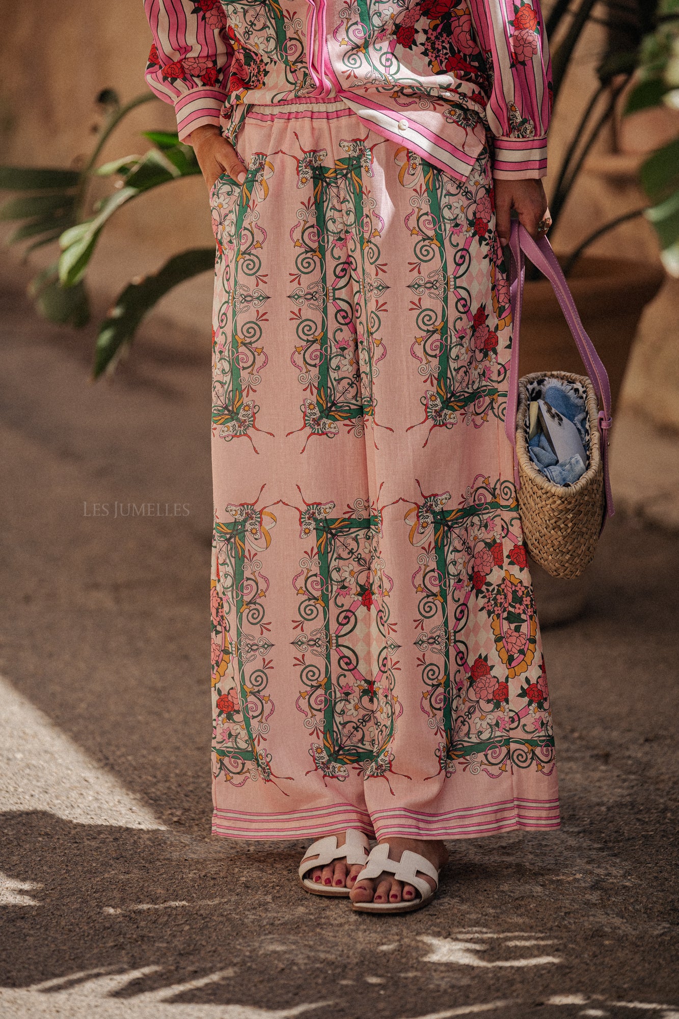 Floral Bottom Long Sleeve Top ＆ Mid Waist Wide Leg Pants Set