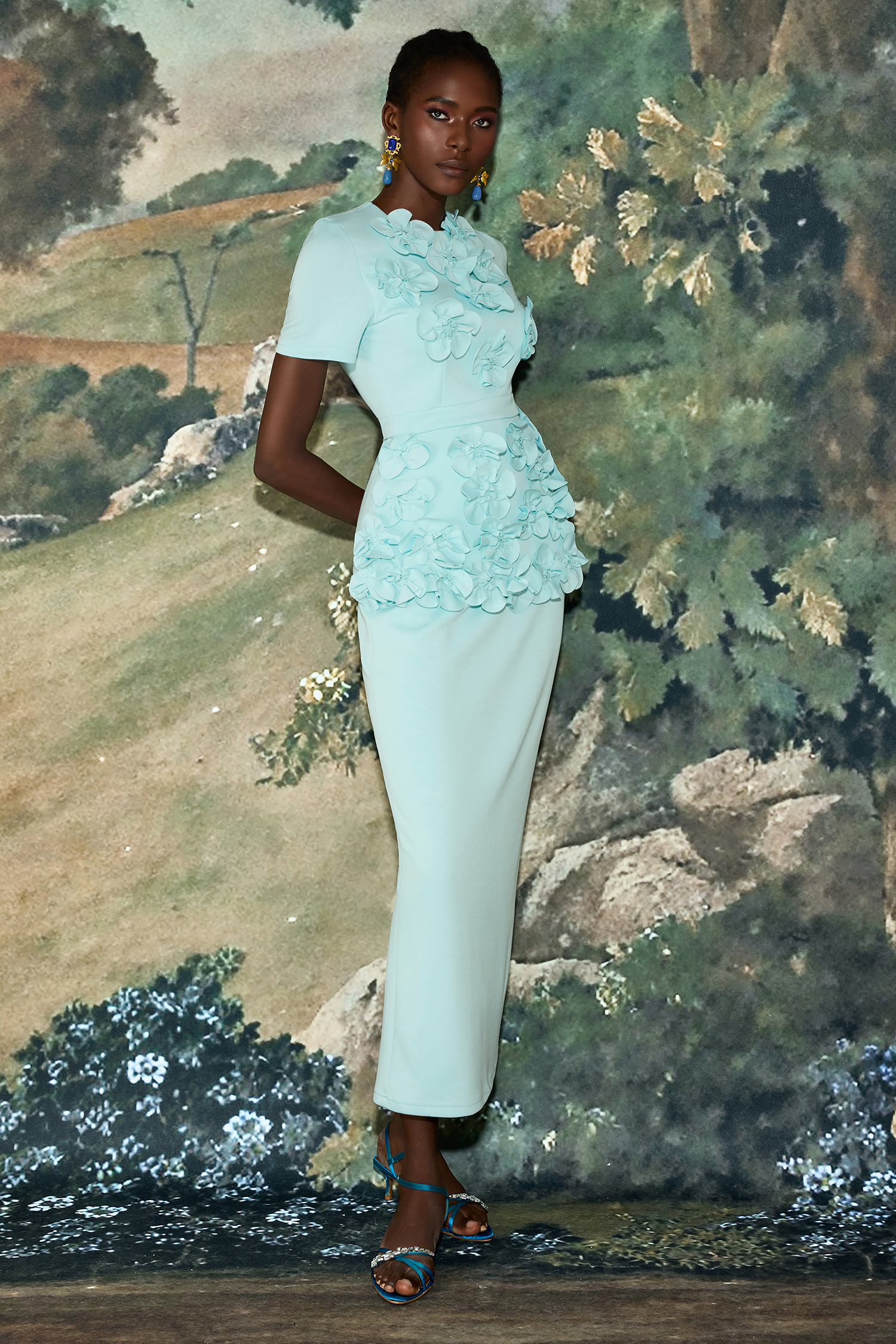 3D Flower Round Neck Short Sleeve Top & Mid Waist Midi Skirt Set