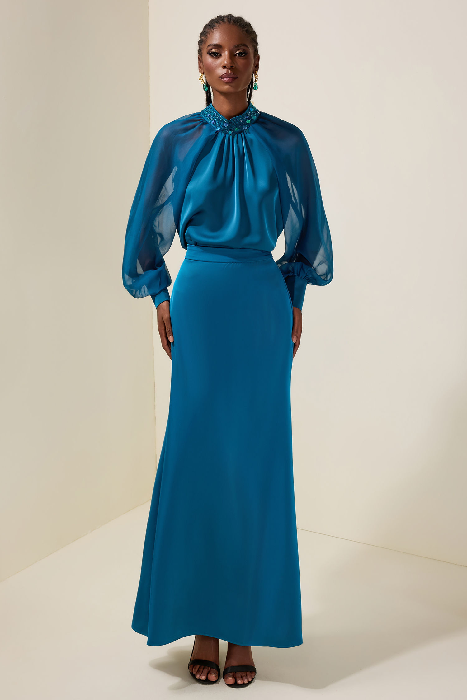 Satin Splicing Mesh Rivet Top & High Waist Maxi Skirt Set